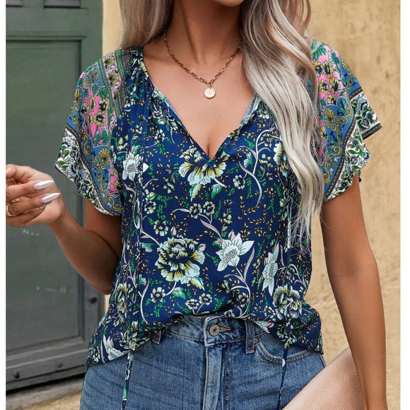 Blue Floral Printed Boho Short Sleeve Shirt - Picture 1 of 6